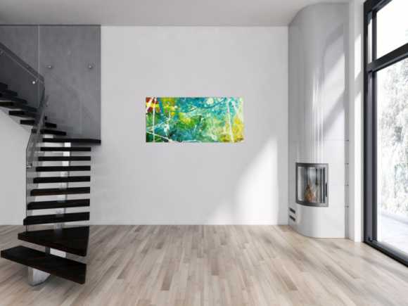 Original Gemälde abstrakt 60x130cm Action Painting expressionistisch auf Leinwand  grün türkis weiß hochwertig