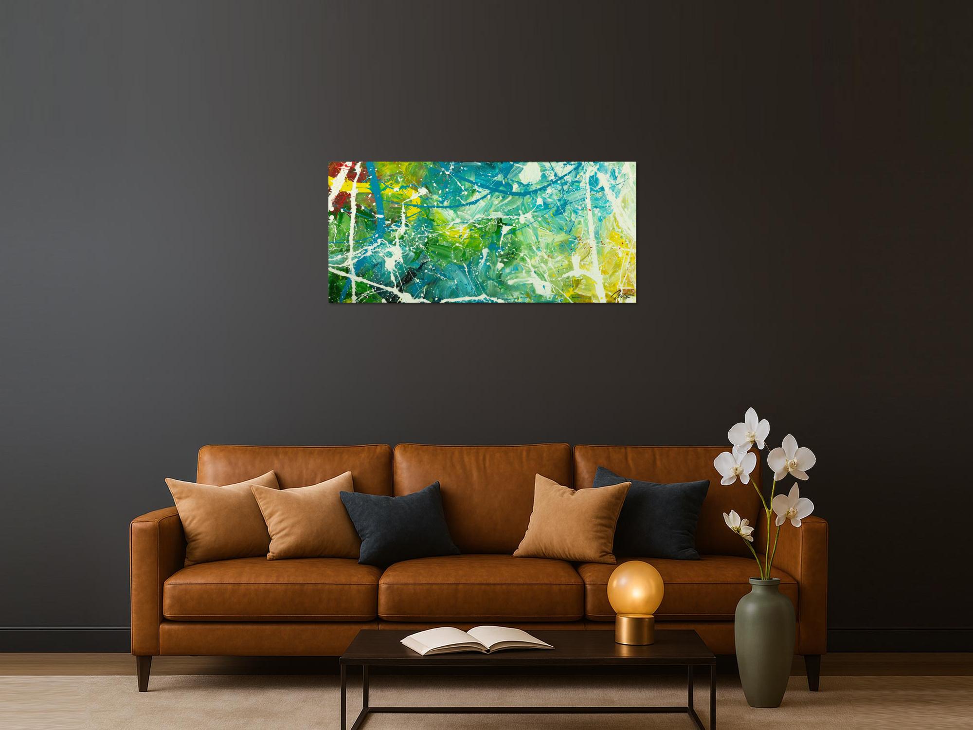 Original Gemälde abstrakt 60x130cm Action Painting expressionistisch auf Leinwand  grün türkis weiß hochwertig