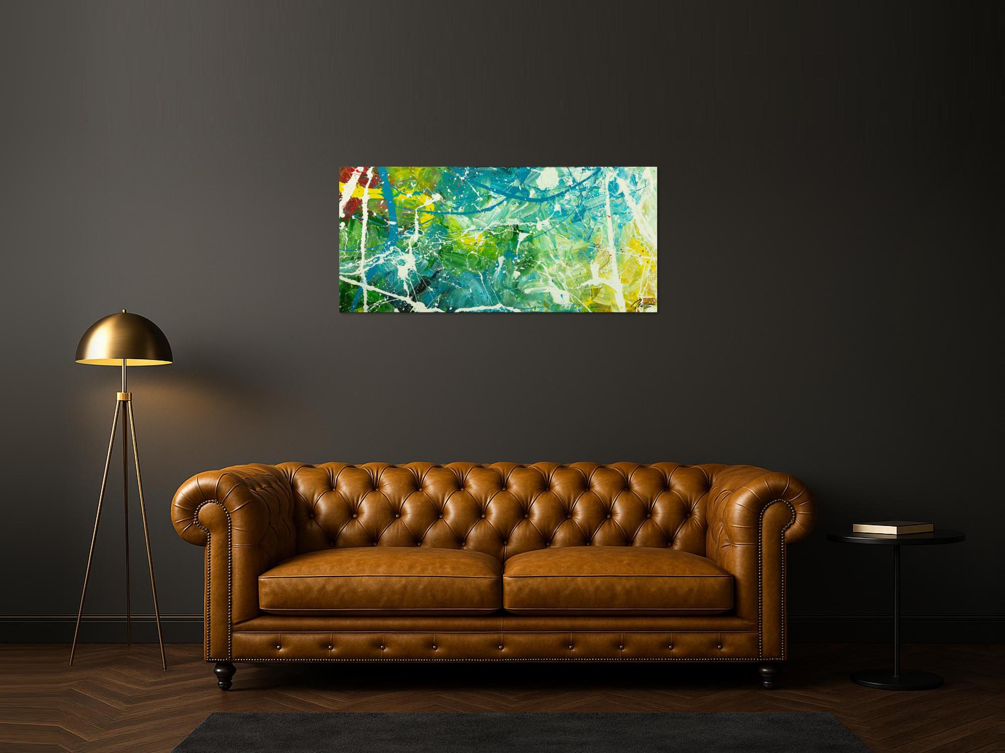 Original Gemälde abstrakt 60x130cm Action Painting expressionistisch auf Leinwand  grün türkis weiß hochwertig