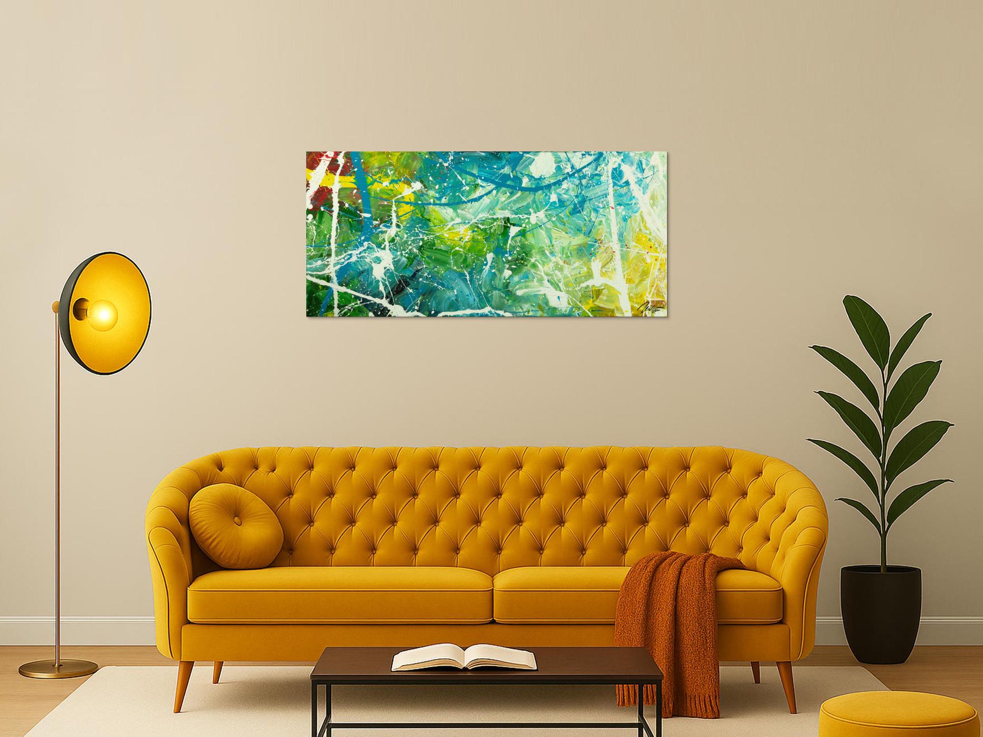 Original Gemälde abstrakt 60x130cm Action Painting expressionistisch auf Leinwand  grün türkis weiß hochwertig