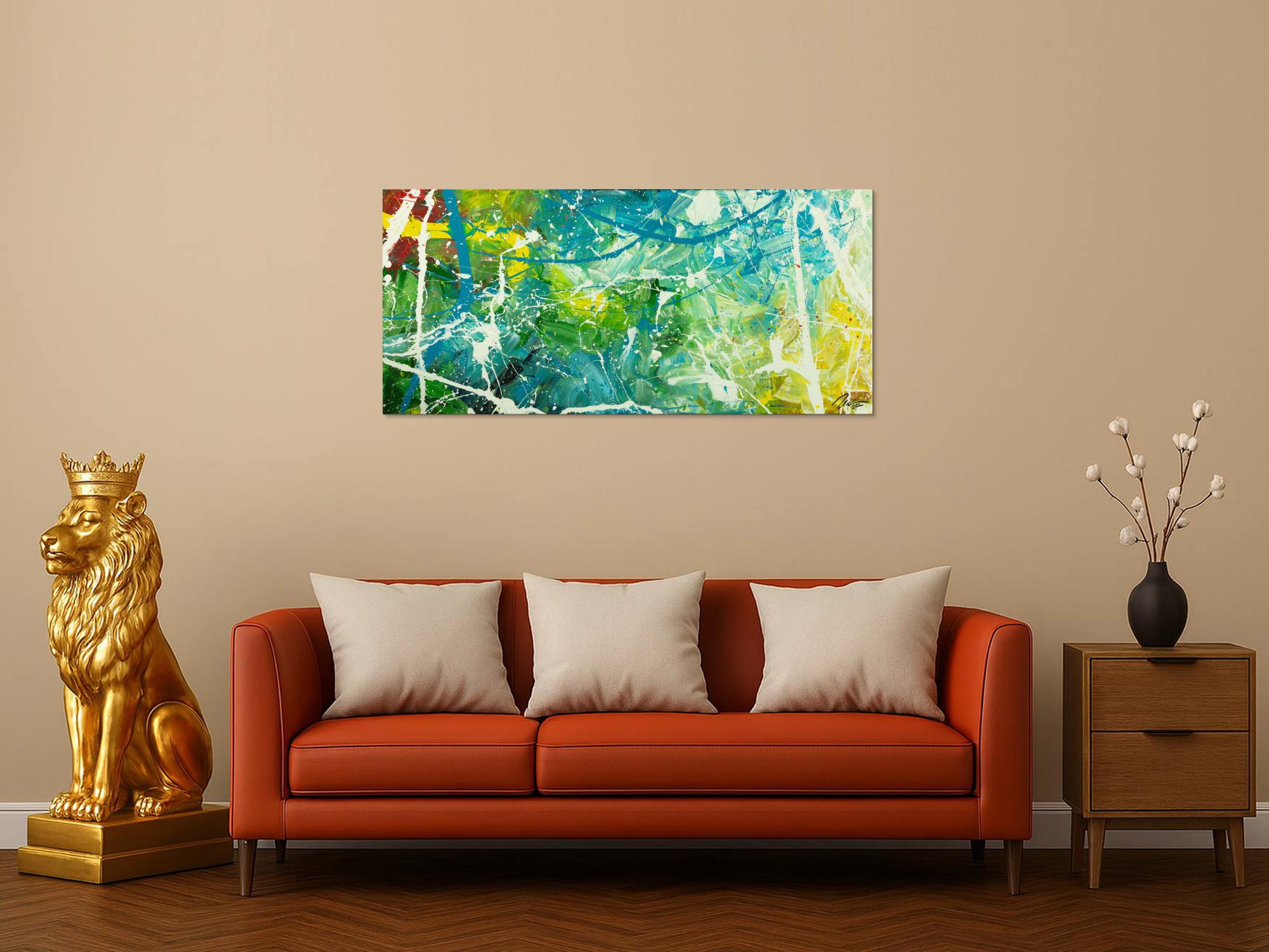 Original Gemälde abstrakt 60x130cm Action Painting expressionistisch auf Leinwand  grün türkis weiß hochwertig