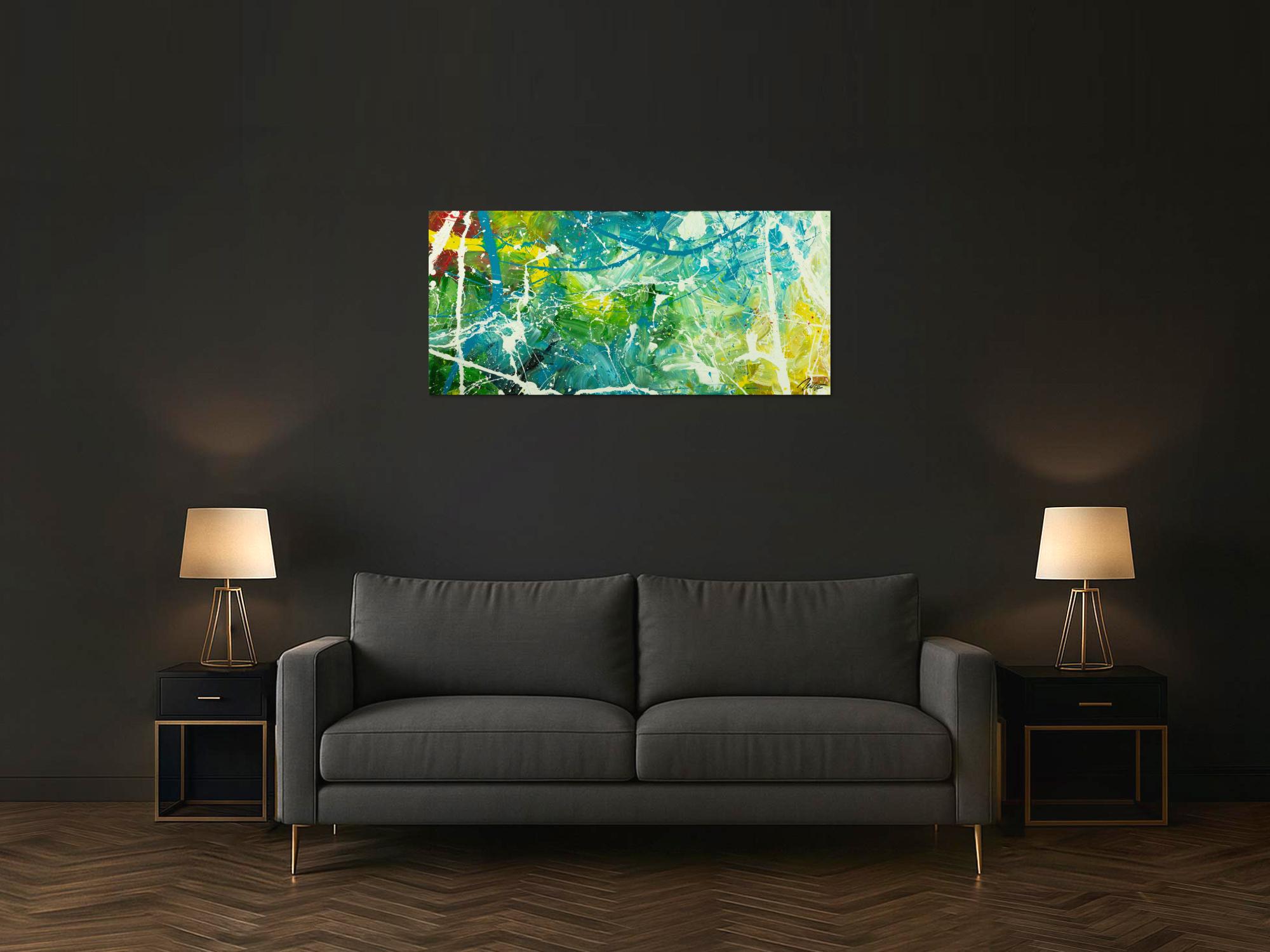 Original Gemälde abstrakt 60x130cm Action Painting expressionistisch auf Leinwand  grün türkis weiß hochwertig