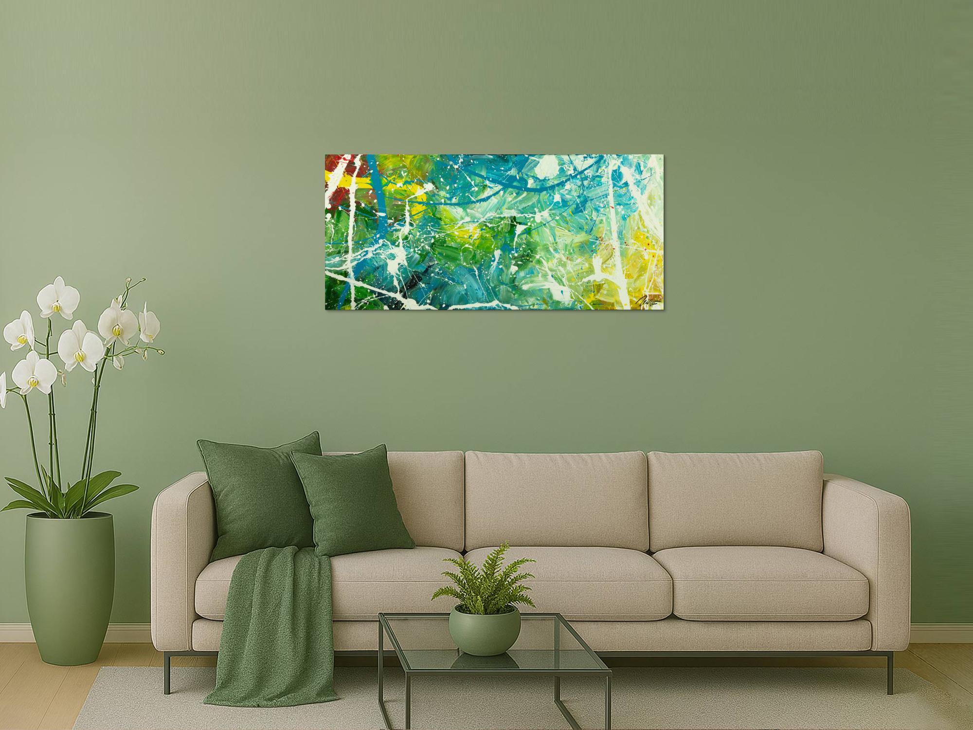 Original Gemälde abstrakt 60x130cm Action Painting expressionistisch auf Leinwand  grün türkis weiß hochwertig
