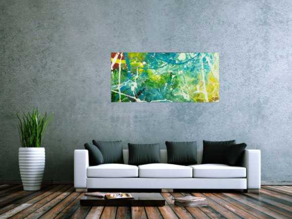 Original Gemälde abstrakt 60x130cm Action Painting expressionistisch auf Leinwand  grün türkis weiß hochwertig