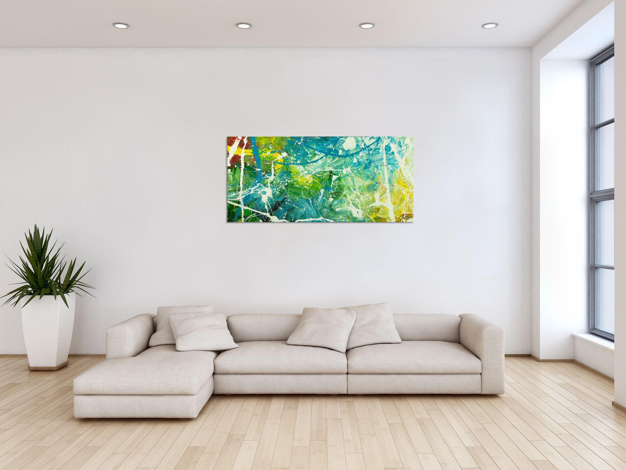 Original Gemälde abstrakt 60x130cm Action Painting expressionistisch auf Leinwand  grün türkis weiß hochwertig