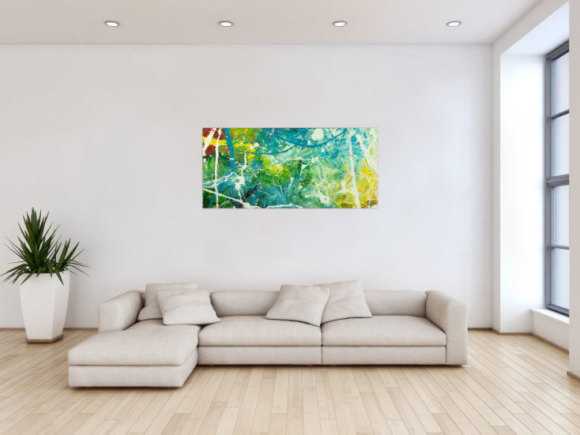 Original Gemälde abstrakt 60x130cm Action Painting expressionistisch auf Leinwand  grün türkis weiß hochwertig