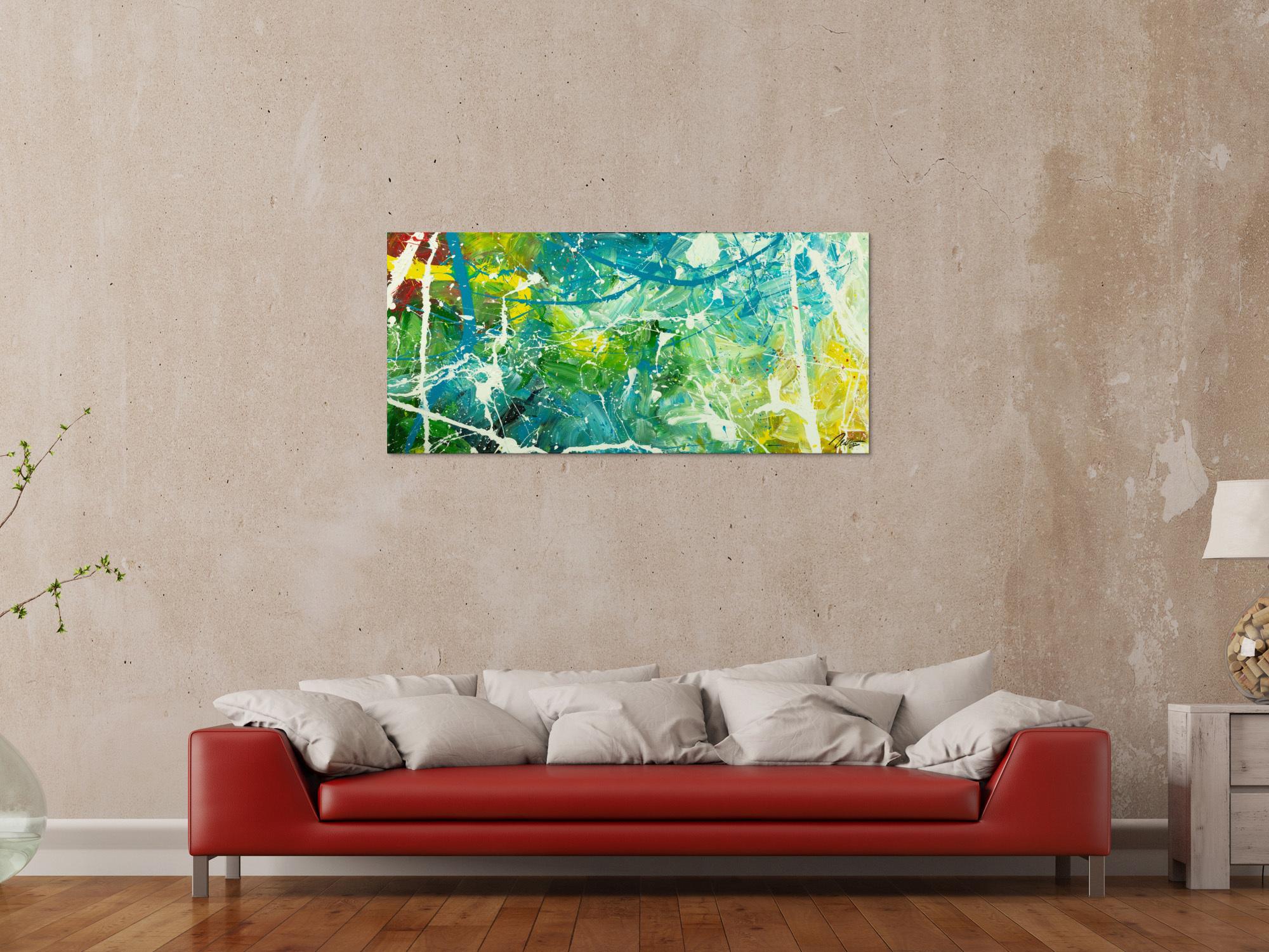 Original Gemälde abstrakt 60x130cm Action Painting expressionistisch auf Leinwand  grün türkis weiß hochwertig