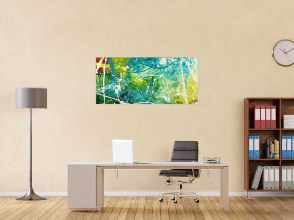 Original Gemälde abstrakt 60x130cm Action Painting expressionistisch auf Leinwand  grün türkis weiß hochwertig