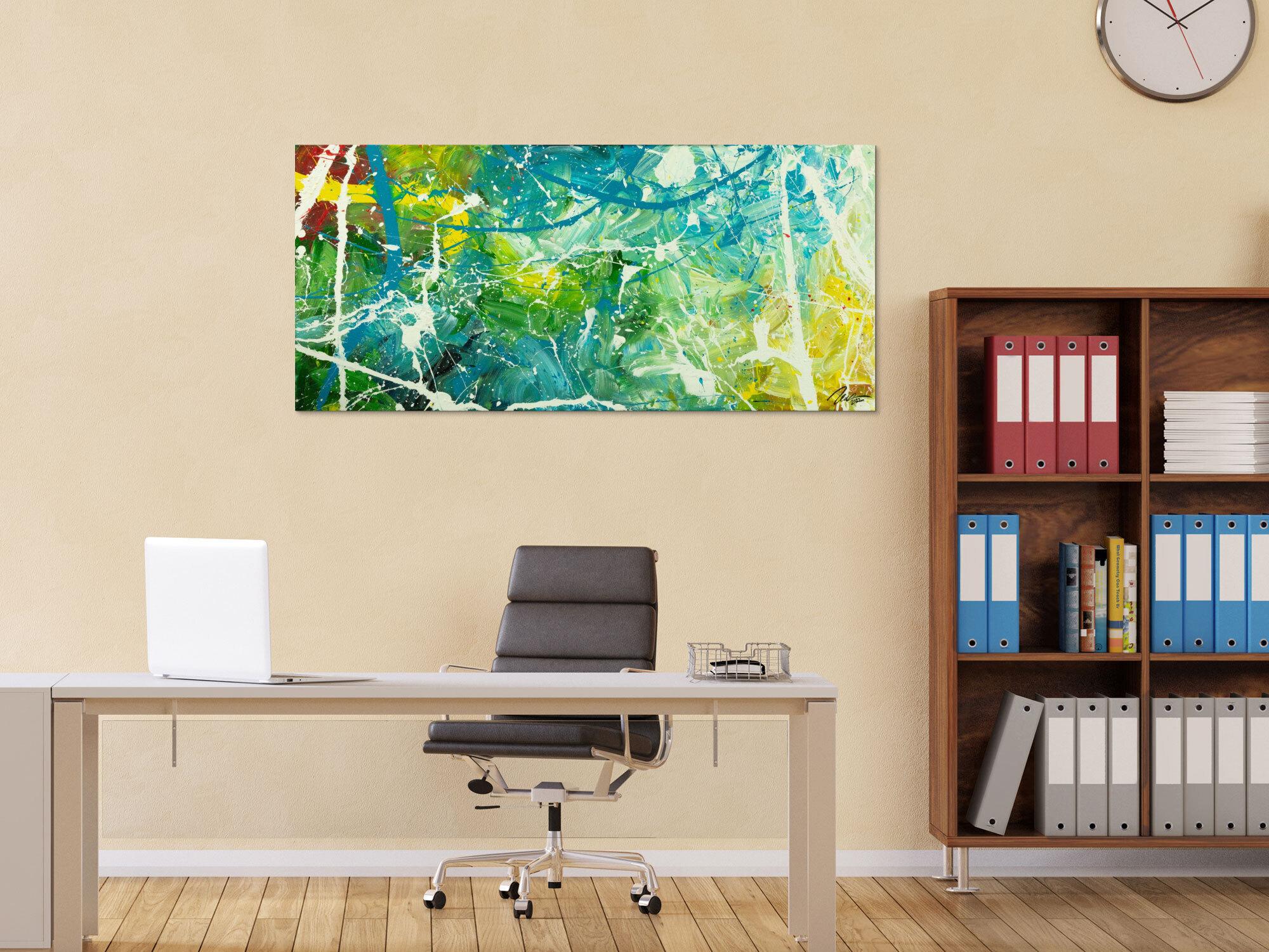 Original Gemälde abstrakt 60x130cm Action Painting expressionistisch auf Leinwand  grün türkis weiß hochwertig