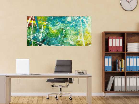 Original Gemälde abstrakt 60x130cm Action Painting expressionistisch auf Leinwand  grün türkis weiß hochwertig