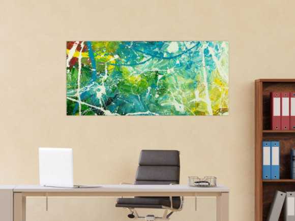 Original Gemälde abstrakt 60x130cm Action Painting expressionistisch auf Leinwand  grün türkis weiß hochwertig