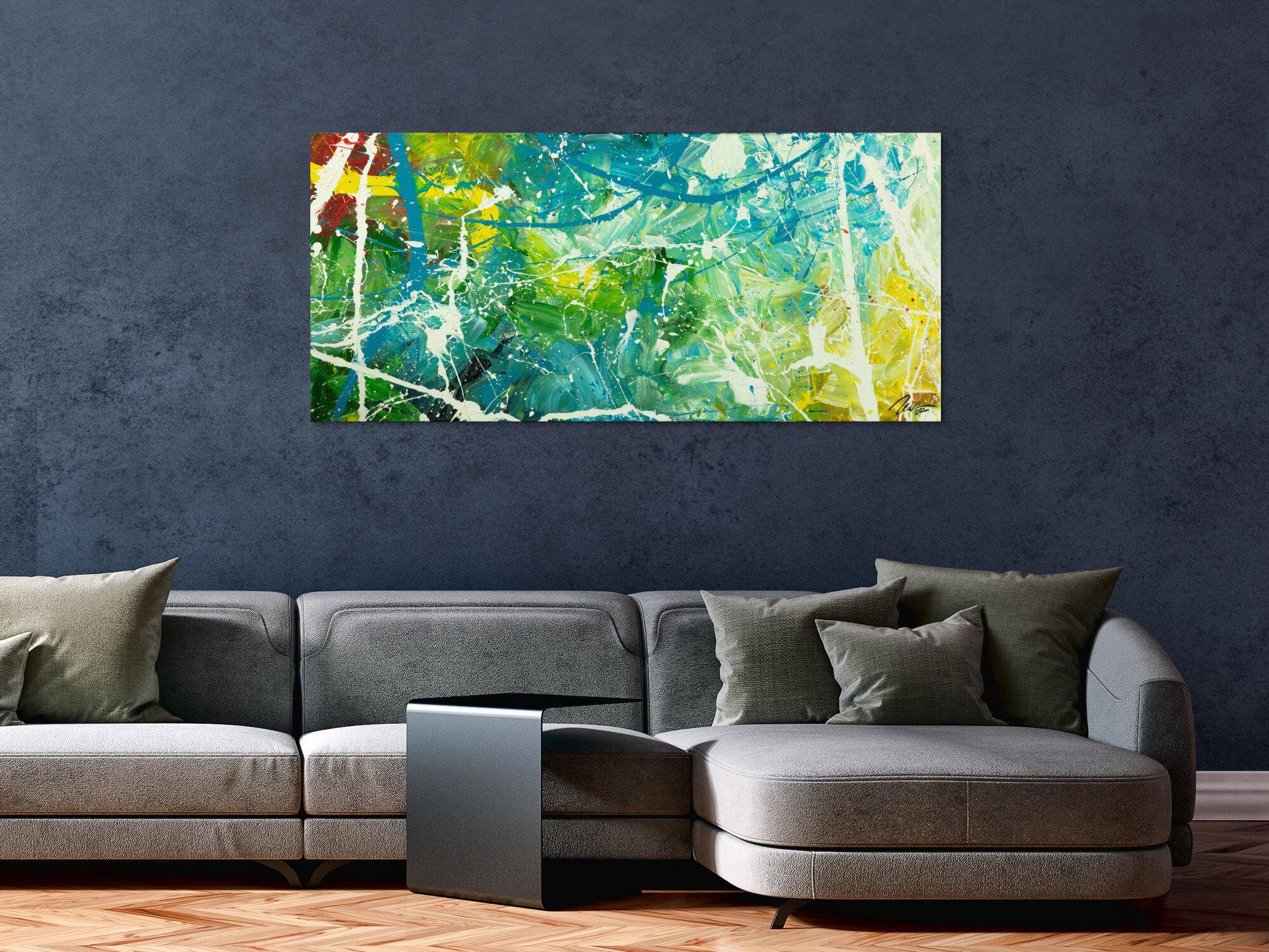 Original Gemälde abstrakt 60x130cm Action Painting expressionistisch auf Leinwand  grün türkis weiß hochwertig