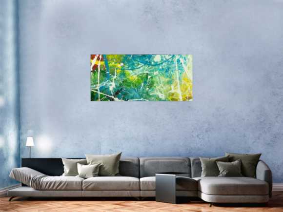 Original Gemälde abstrakt 60x130cm Action Painting expressionistisch auf Leinwand  grün türkis weiß hochwertig