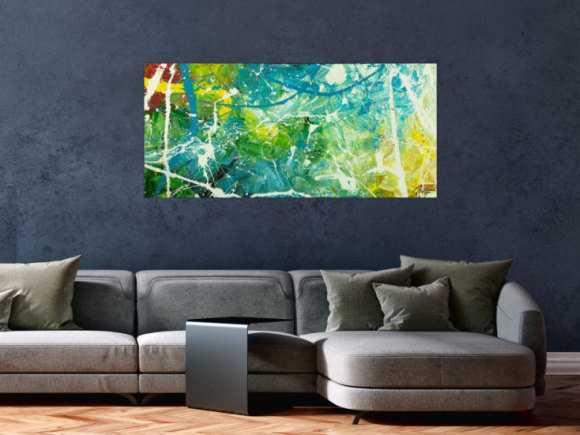 Original Gemälde abstrakt 60x130cm Action Painting expressionistisch auf Leinwand  grün türkis weiß hochwertig