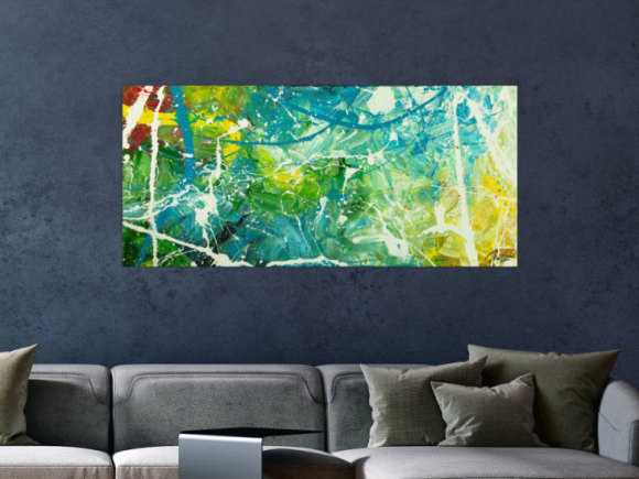 Original Gemälde abstrakt 60x130cm Action Painting expressionistisch auf Leinwand  grün türkis weiß hochwertig