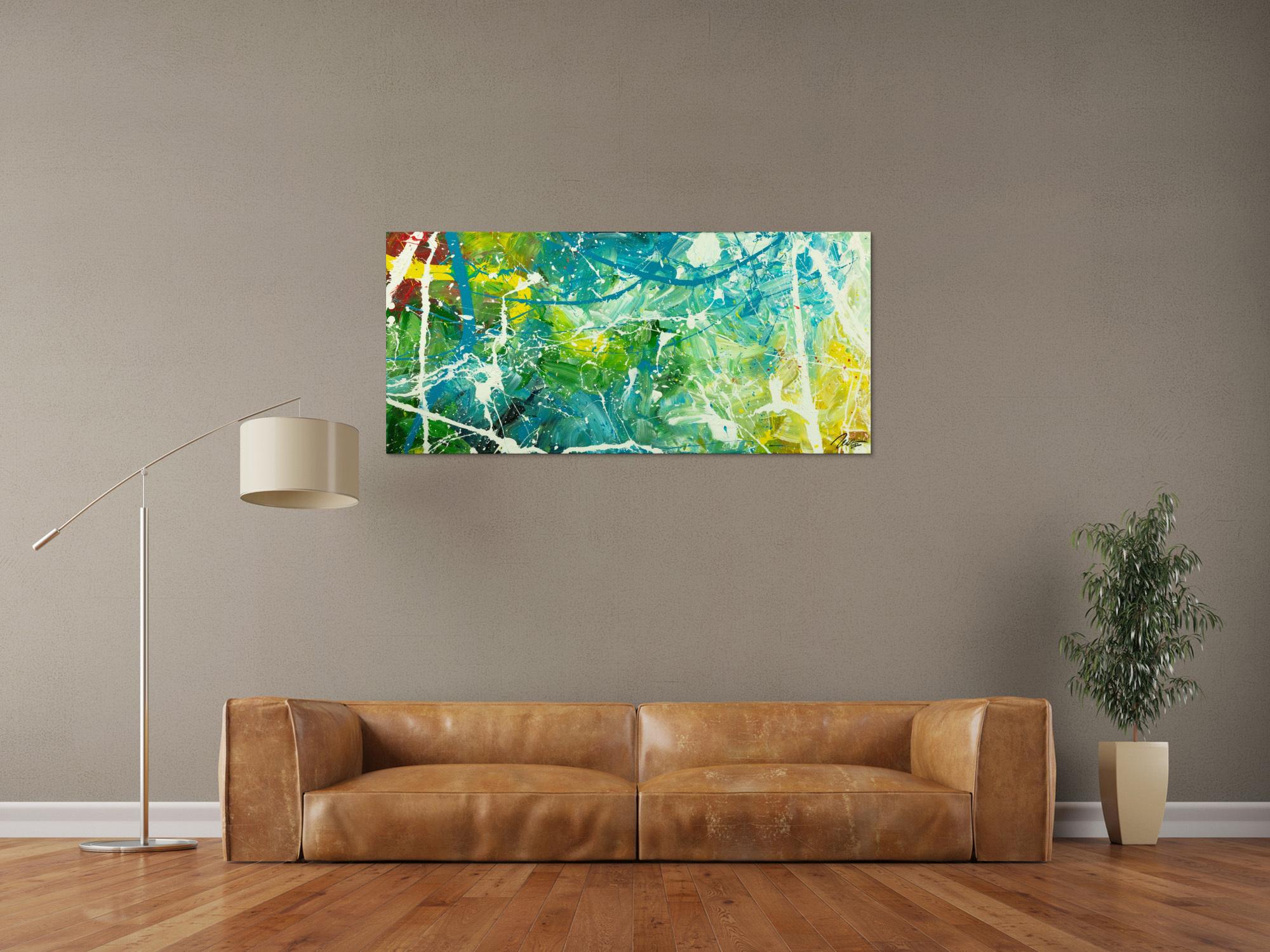 Original Gemälde abstrakt 60x130cm Action Painting expressionistisch auf Leinwand  grün türkis weiß hochwertig