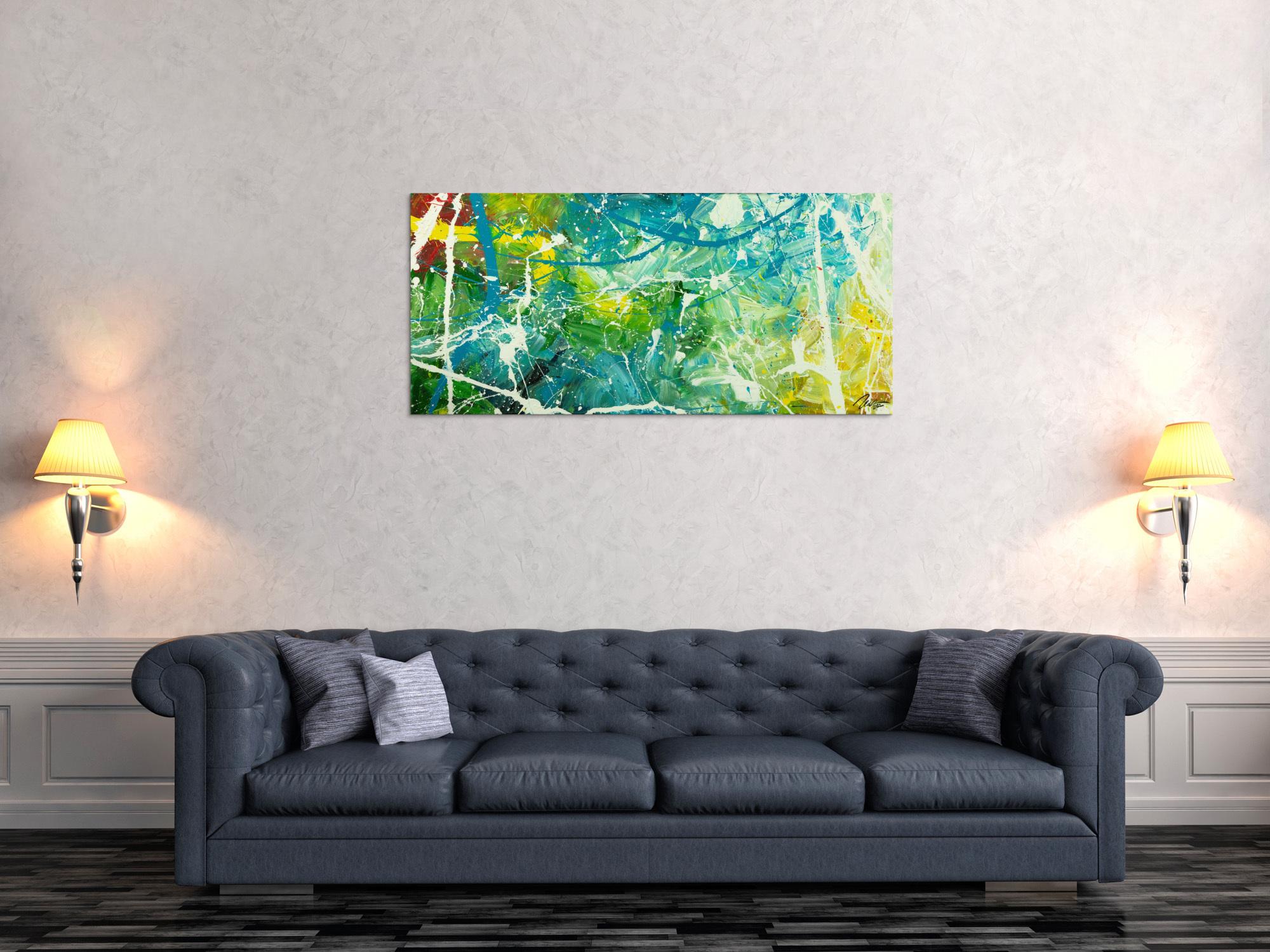 Original Gemälde abstrakt 60x130cm Action Painting expressionistisch auf Leinwand  grün türkis weiß hochwertig