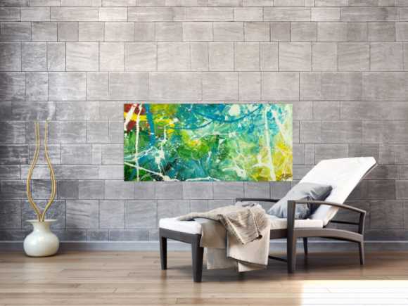 Original Gemälde abstrakt 60x130cm Action Painting expressionistisch auf Leinwand  grün türkis weiß hochwertig