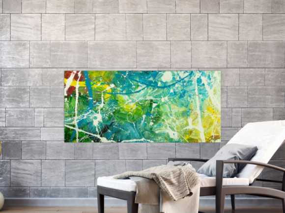 Original Gemälde abstrakt 60x130cm Action Painting expressionistisch auf Leinwand  grün türkis weiß hochwertig