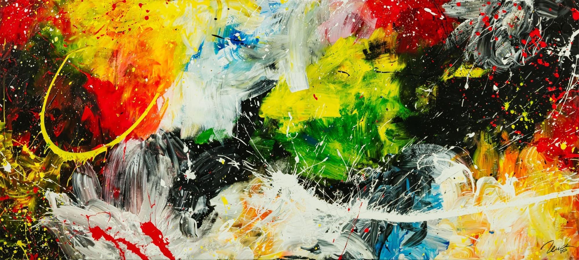 Gemälde Original abstrakt 90x200cm Action Painting Moderne Kunst handgefertigt schwarz weiß gelb einzigartig