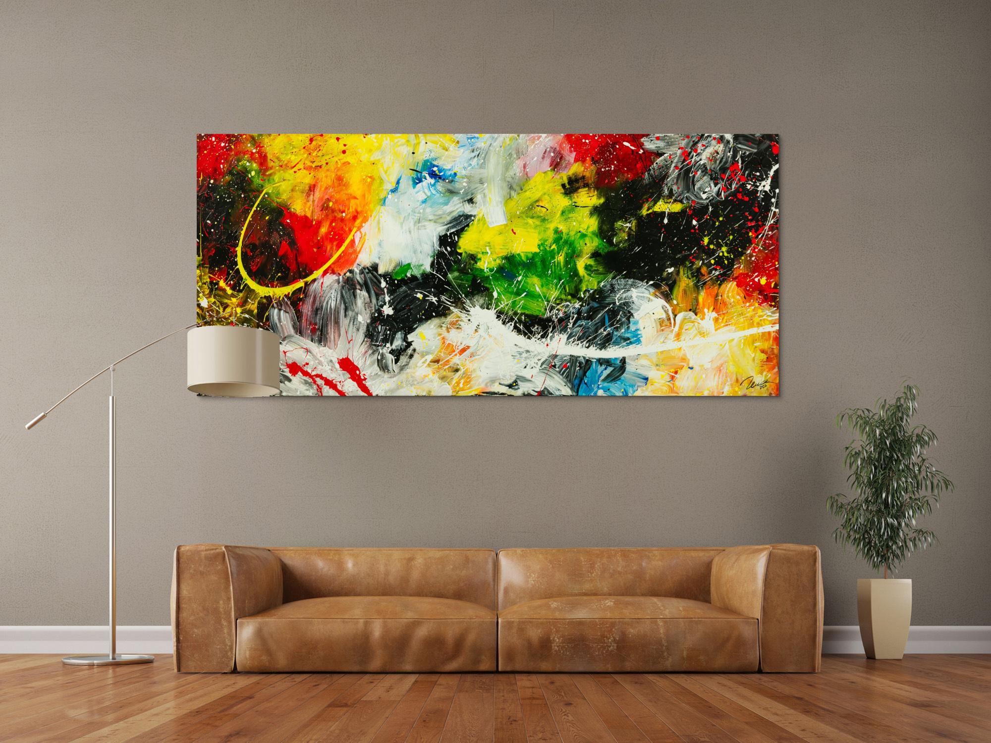 Gemälde Original abstrakt 90x200cm Action Painting Moderne Kunst handgefertigt  schwarz weiß gelb einzigartig