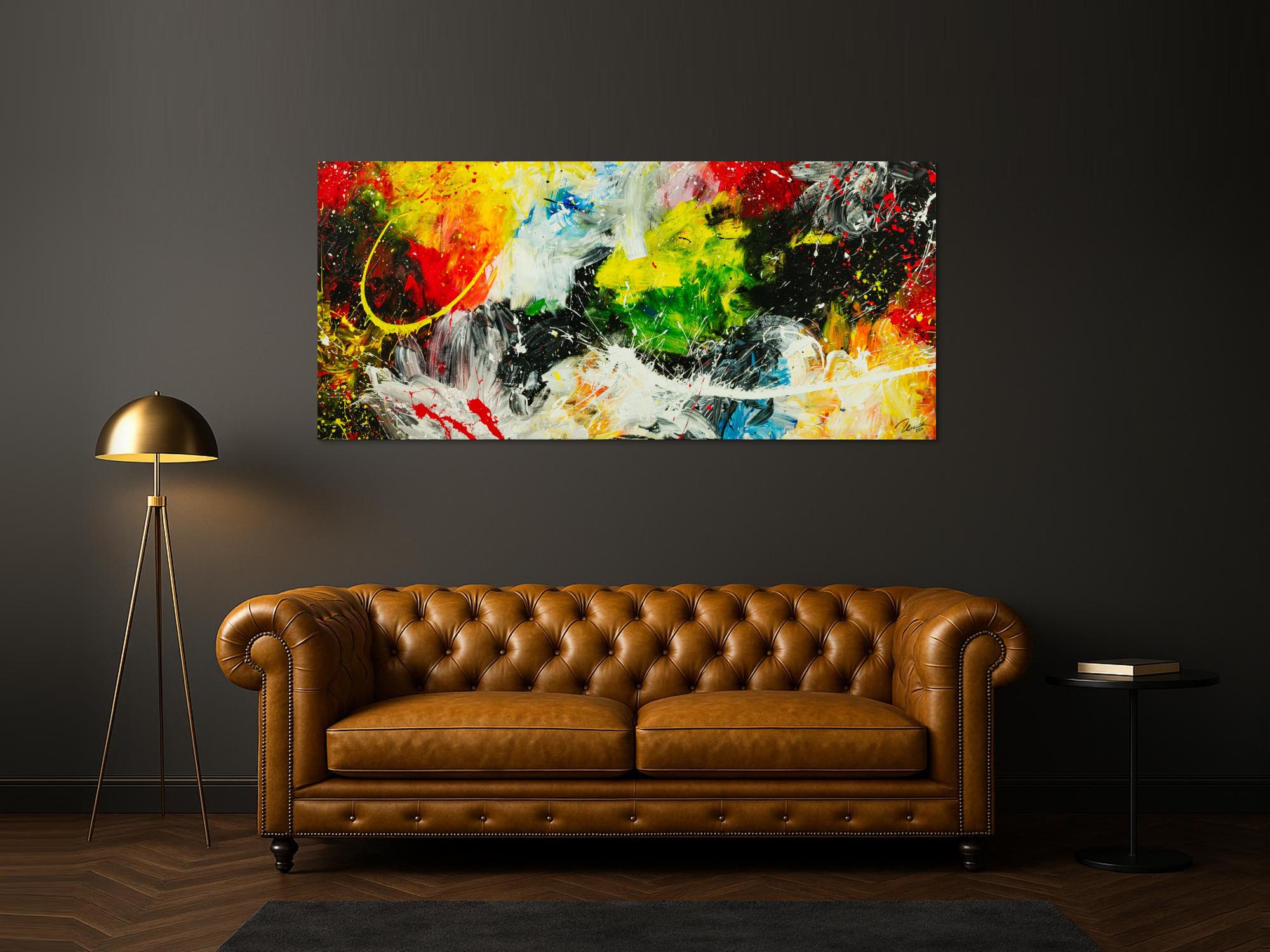 Gemälde Original abstrakt 90x200cm Action Painting Moderne Kunst handgefertigt  schwarz weiß gelb einzigartig