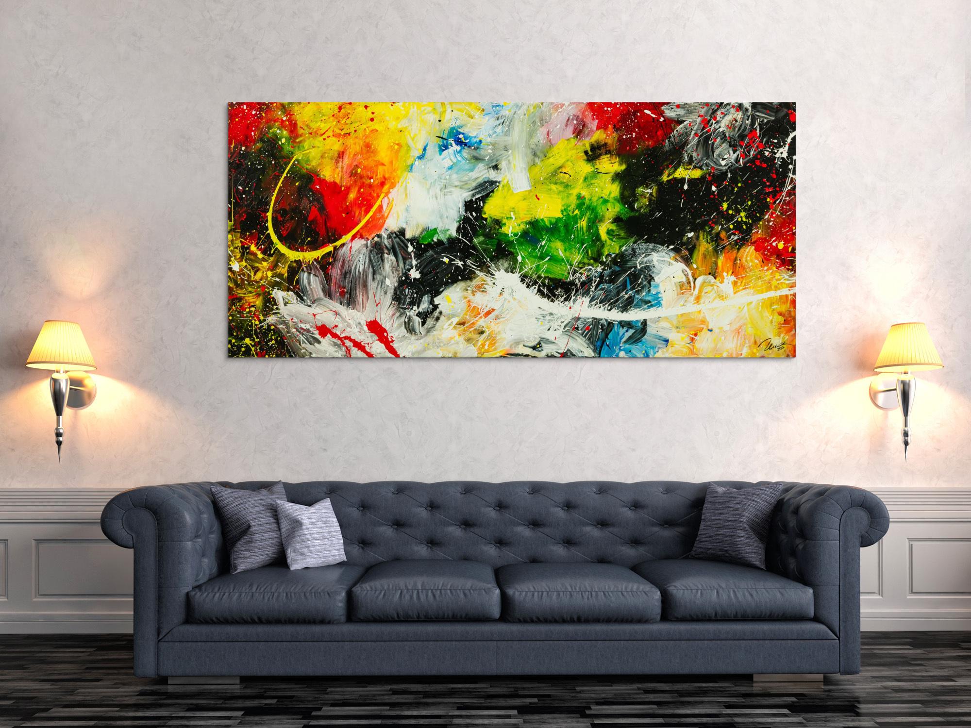 Gemälde Original abstrakt 90x200cm Action Painting Moderne Kunst handgefertigt  schwarz weiß gelb einzigartig
