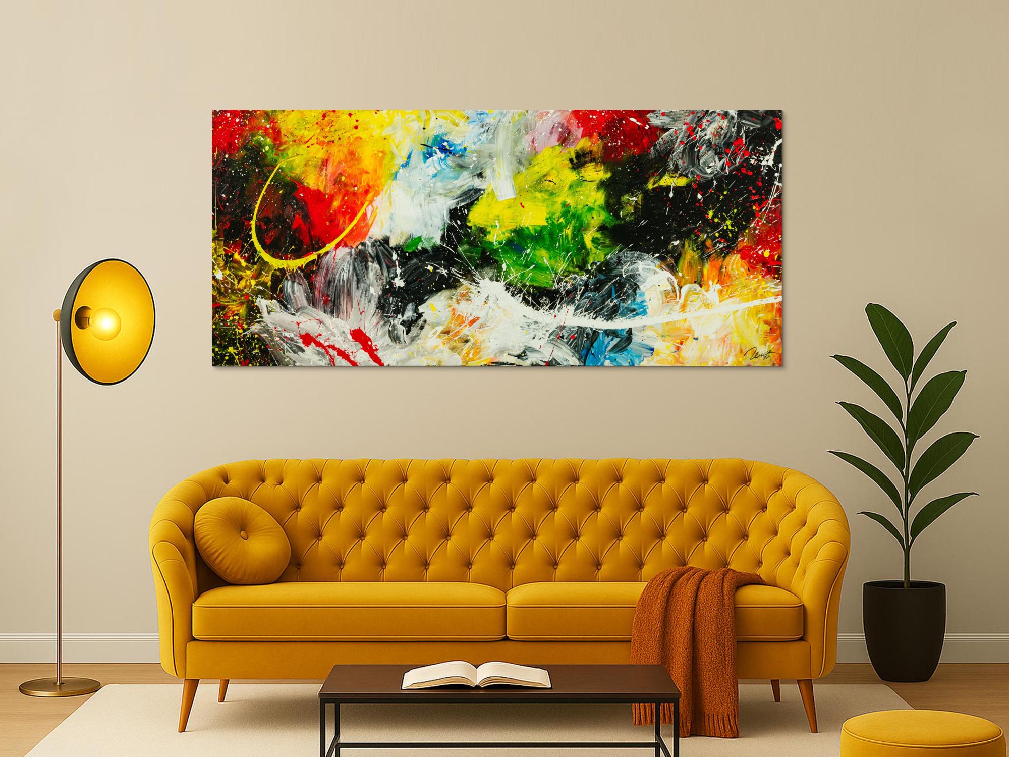 Gemälde Original abstrakt 90x200cm Action Painting Moderne Kunst handgefertigt  schwarz weiß gelb einzigartig