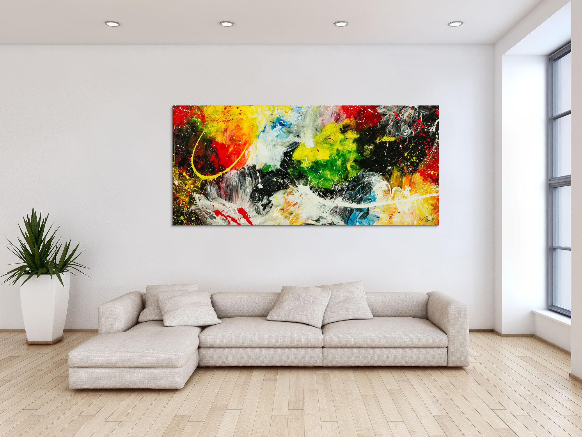 Gemälde Original abstrakt 90x200cm Action Painting Moderne Kunst handgefertigt  schwarz weiß gelb einzigartig