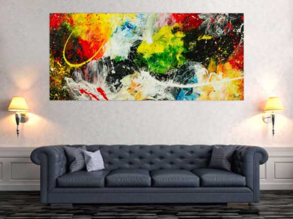 Gemälde Original abstrakt 90x200cm Action Painting Moderne Kunst handgefertigt  schwarz weiß gelb einzigartig