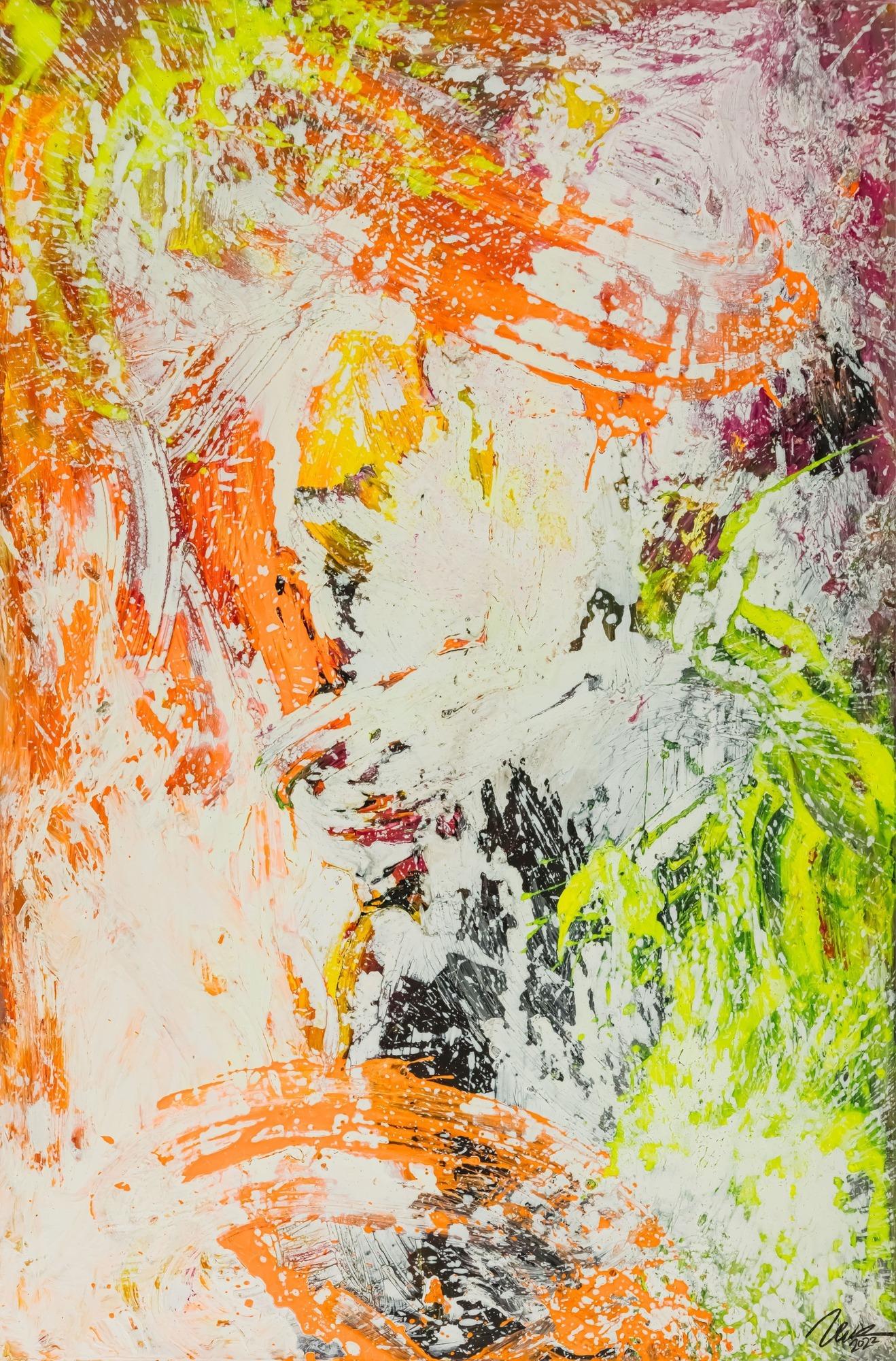 Original Gemälde abstrakt 150x100cm Action Painting Modern Art handgefertigt NEON grün gelb orange weiß hochwertig