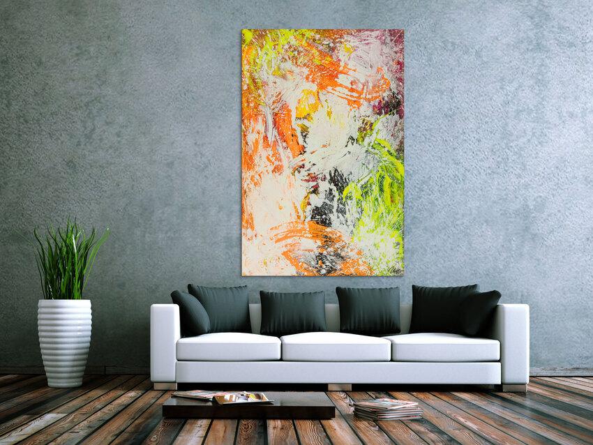 Original Gemälde abstrakt 150x100cm Action Painting Modern Art handgefertigt NEON grün gelb orange weiß hochwertig