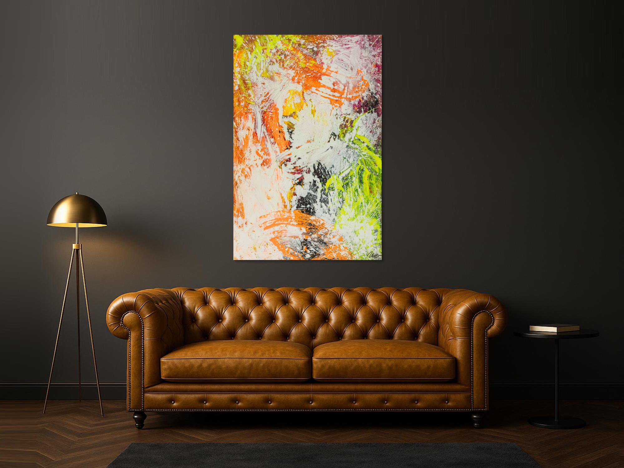 Original Gemälde abstrakt 150x100cm Action Painting Modern Art handgefertigt NEON grün gelb orange weiß hochwertig