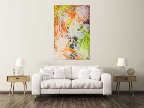 Original Gemälde abstrakt 150x100cm Action Painting Modern Art handgefertigt NEON grün gelb orange weiß hochwertig