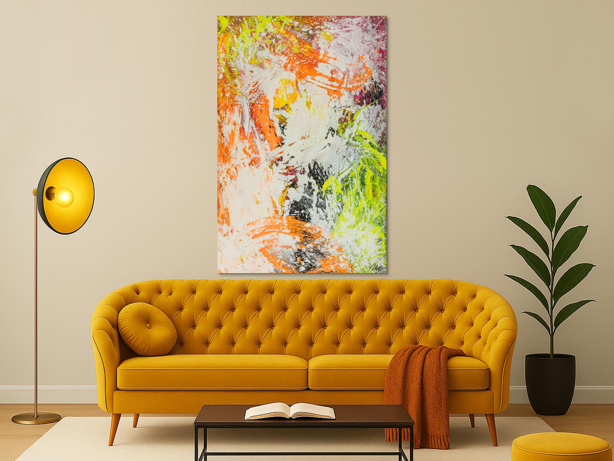 Original Gemälde abstrakt 150x100cm Action Painting Modern Art handgefertigt NEON grün gelb orange weiß hochwertig