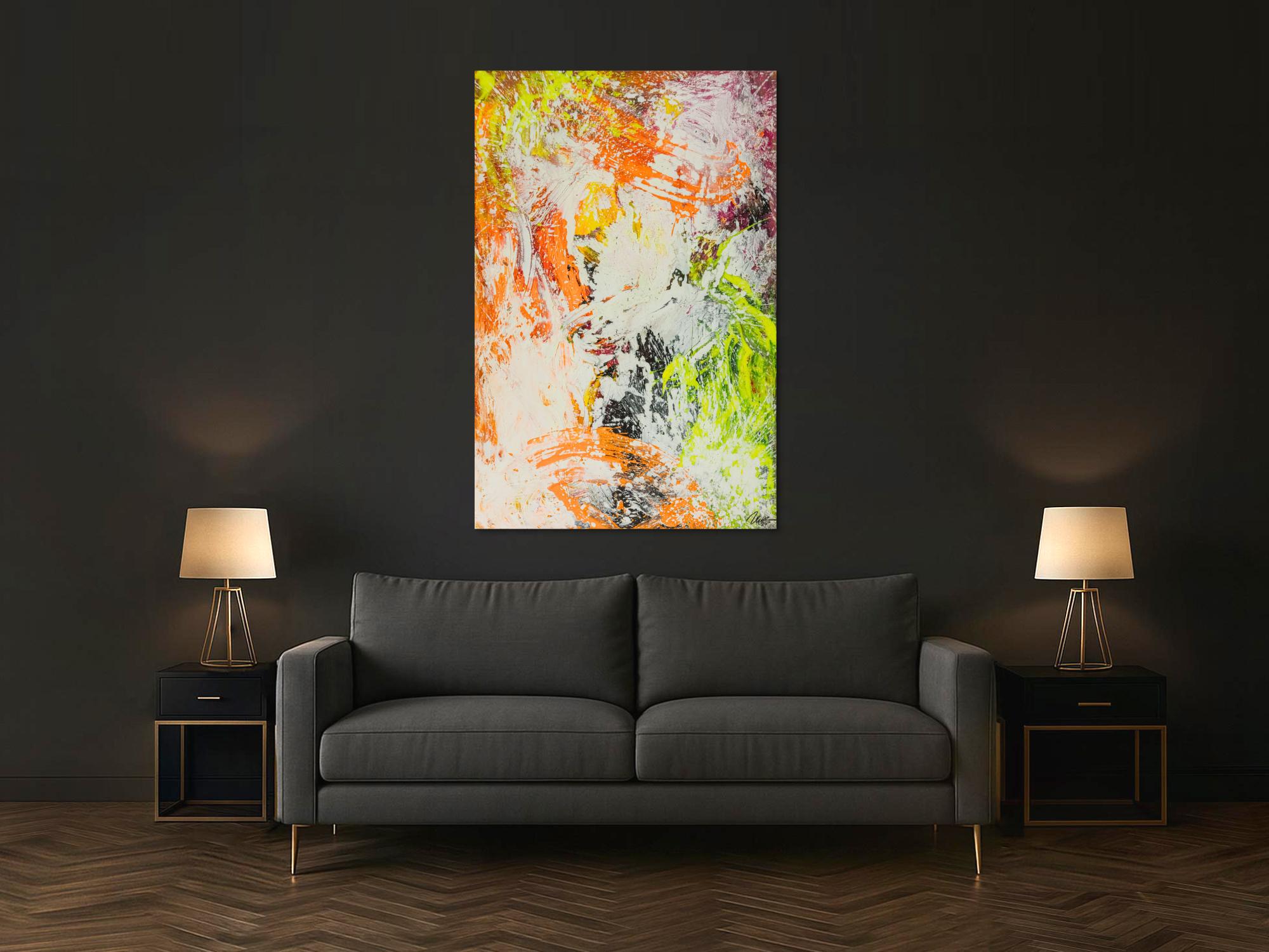 Original Gemälde abstrakt 150x100cm Action Painting Modern Art handgefertigt NEON grün gelb orange weiß hochwertig