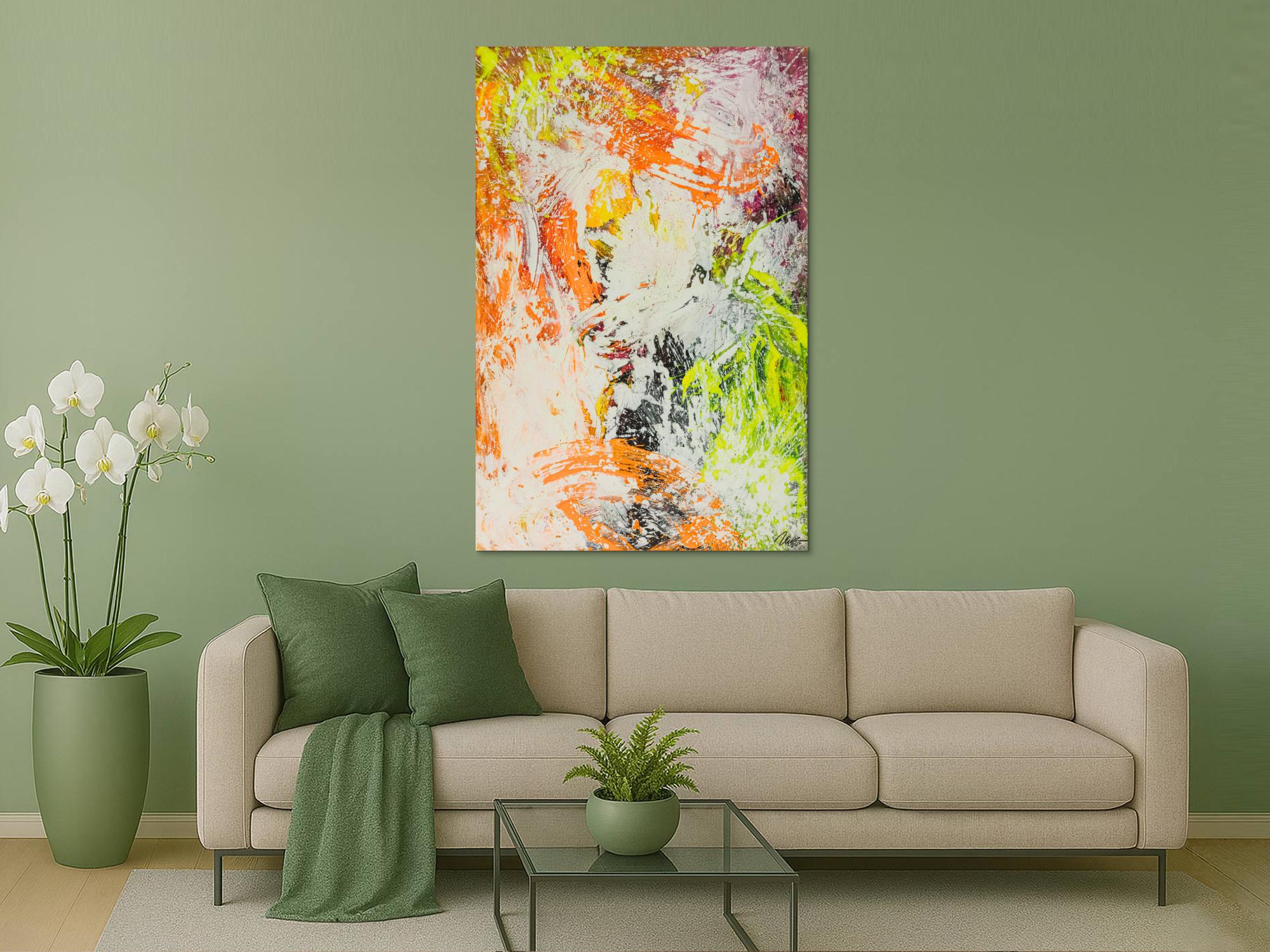 Original Gemälde abstrakt 150x100cm Action Painting Modern Art handgefertigt NEON grün gelb orange weiß hochwertig