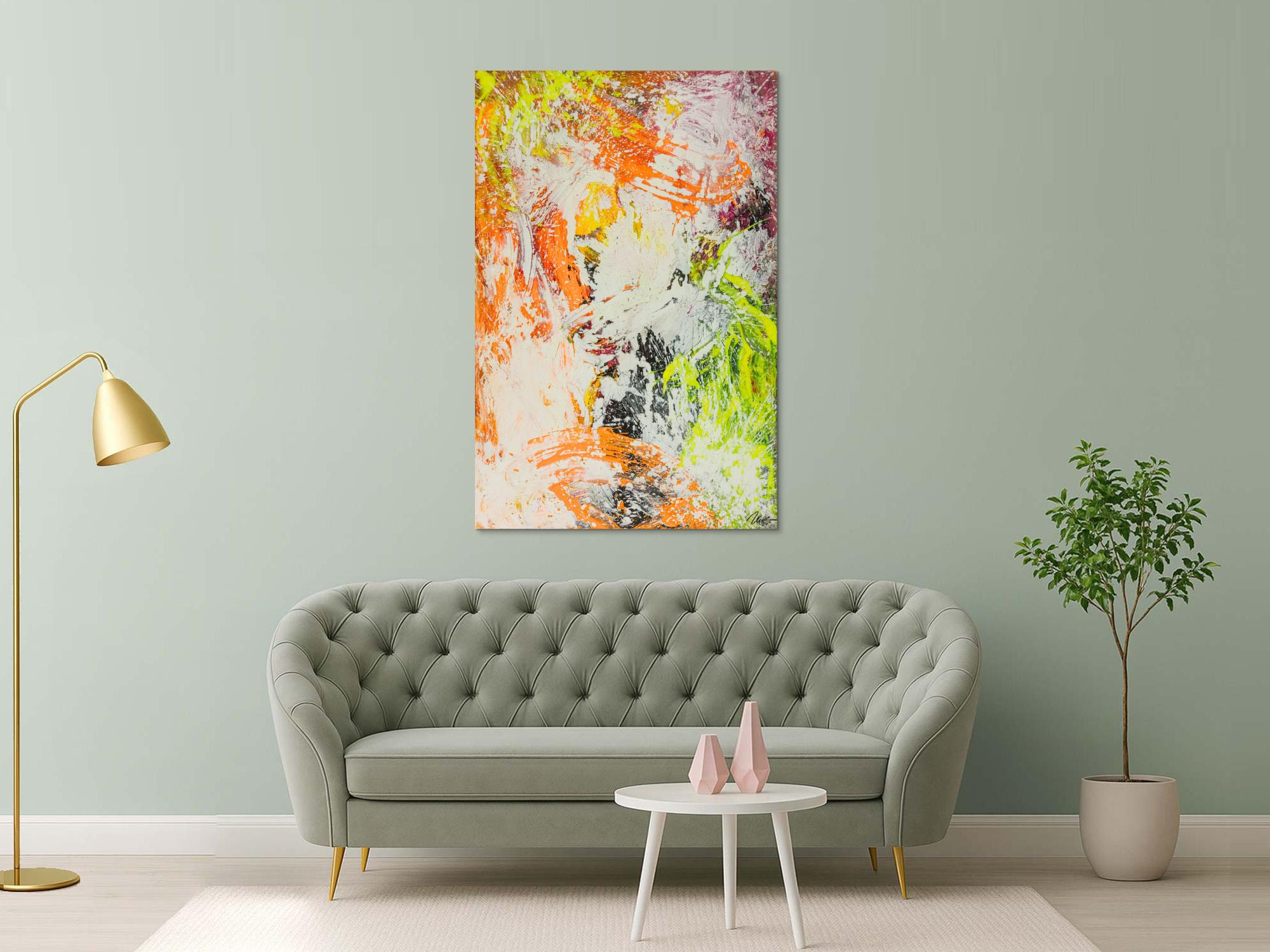 Original Gemälde abstrakt 150x100cm Action Painting Modern Art handgefertigt NEON grün gelb orange weiß hochwertig