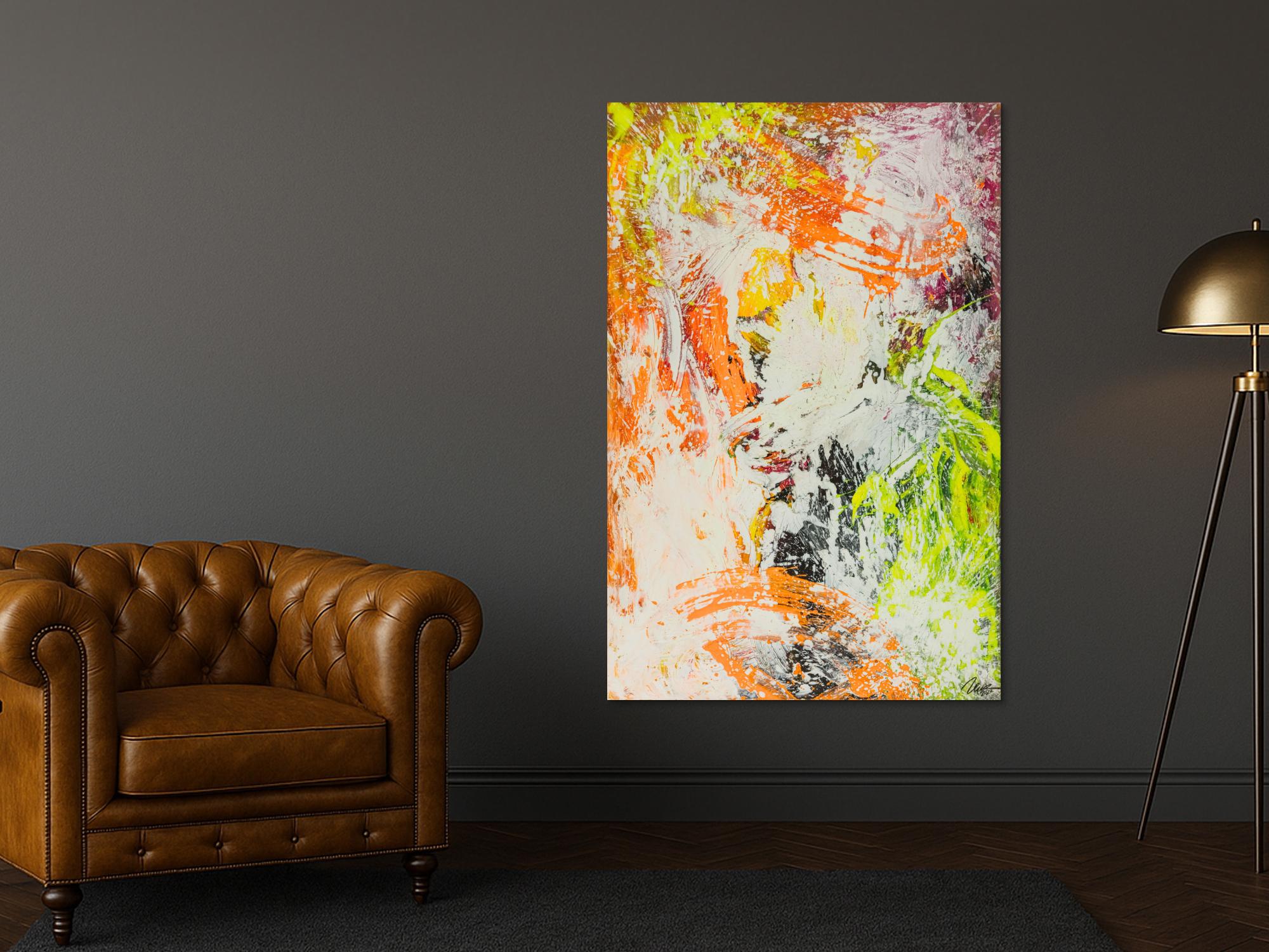 Original Gemälde abstrakt 150x100cm Action Painting Modern Art handgefertigt NEON grün gelb orange weiß hochwertig