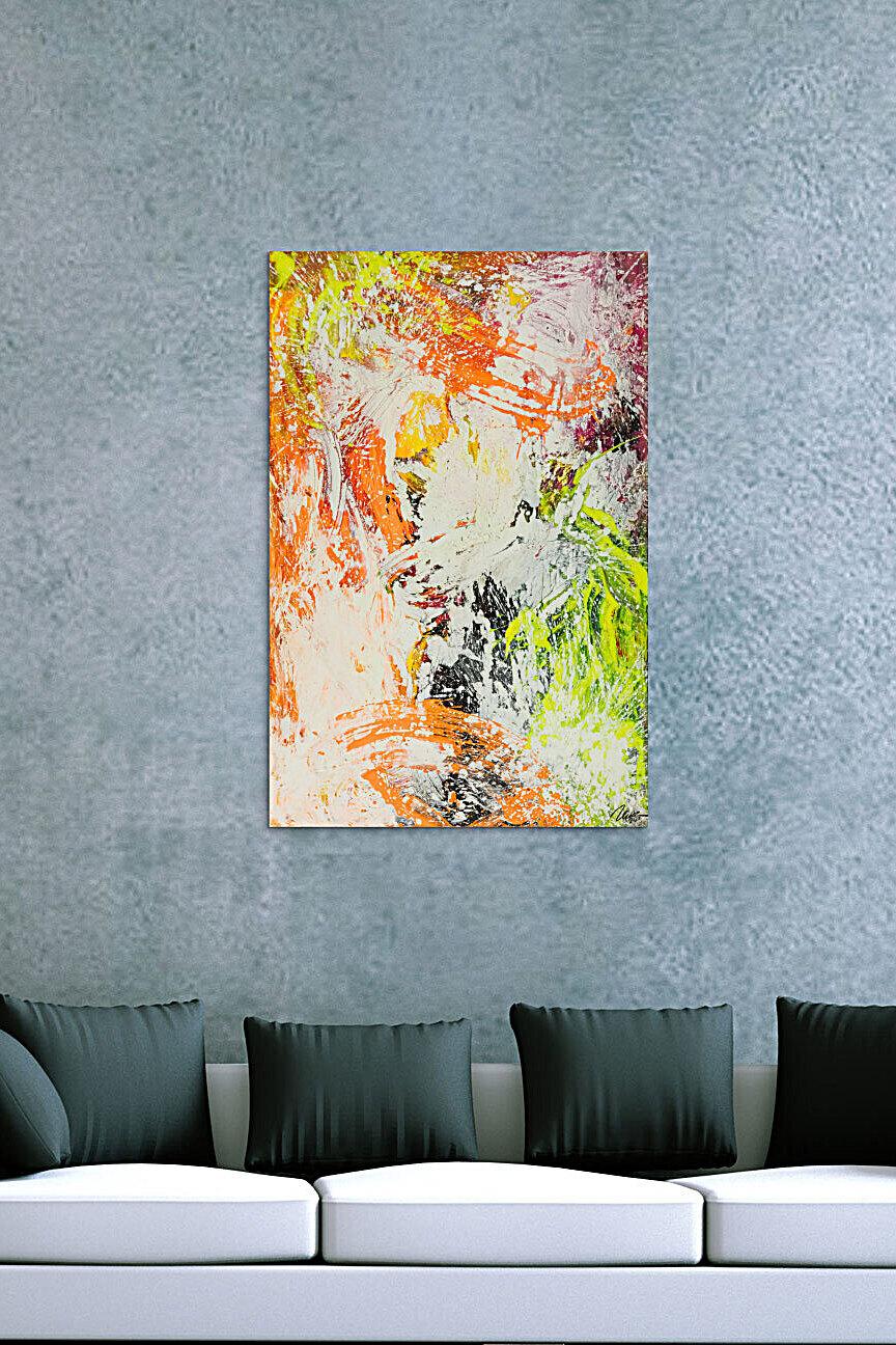 Original Gemälde abstrakt 150x100cm Action Painting Modern Art handgefertigt NEON grün gelb orange weiß hochwertig