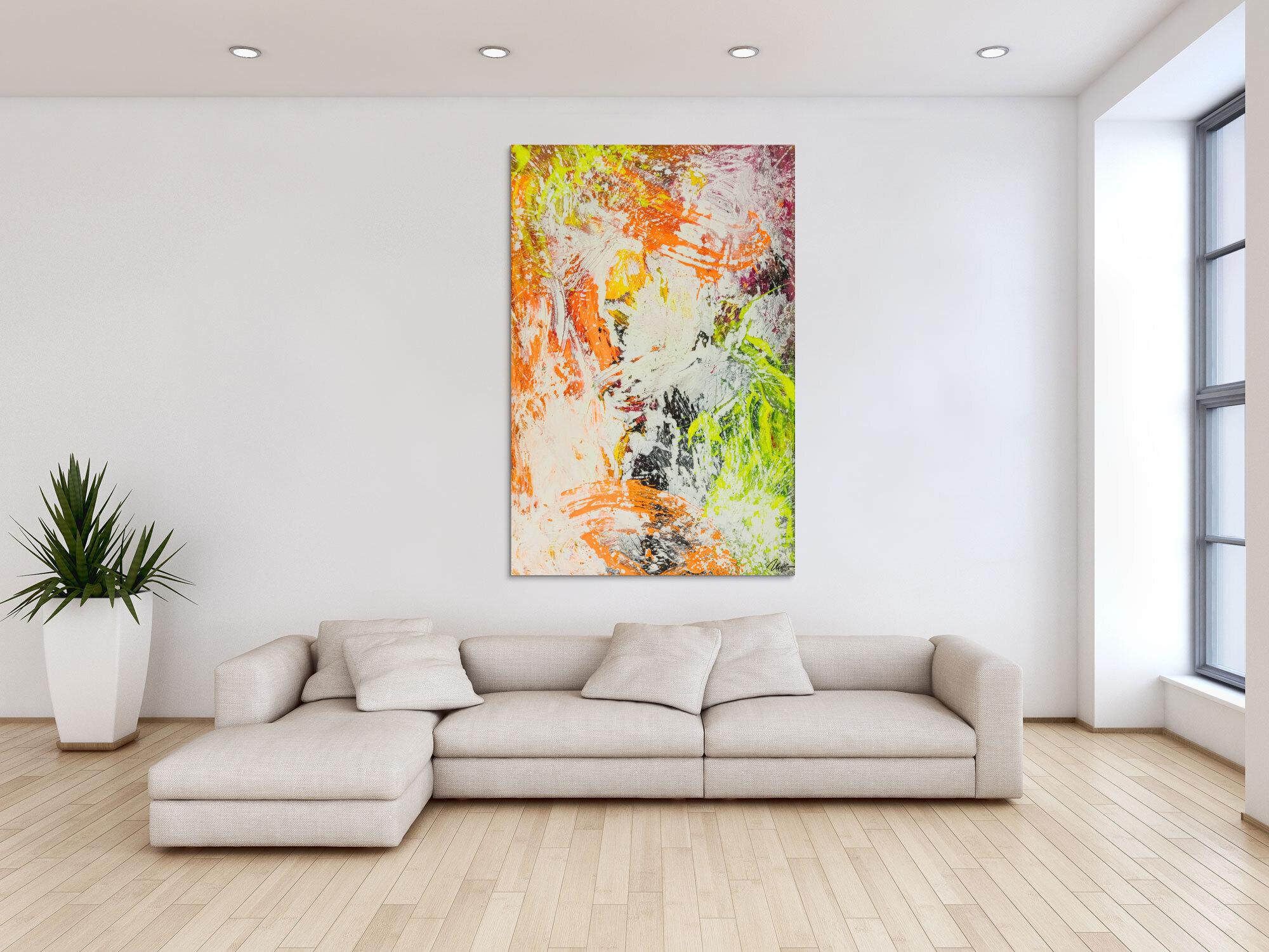 Original Gemälde abstrakt 150x100cm Action Painting Modern Art handgefertigt NEON grün gelb orange weiß hochwertig