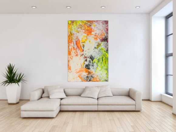 Original Gemälde abstrakt 150x100cm Action Painting Modern Art handgefertigt NEON grün gelb orange weiß hochwertig