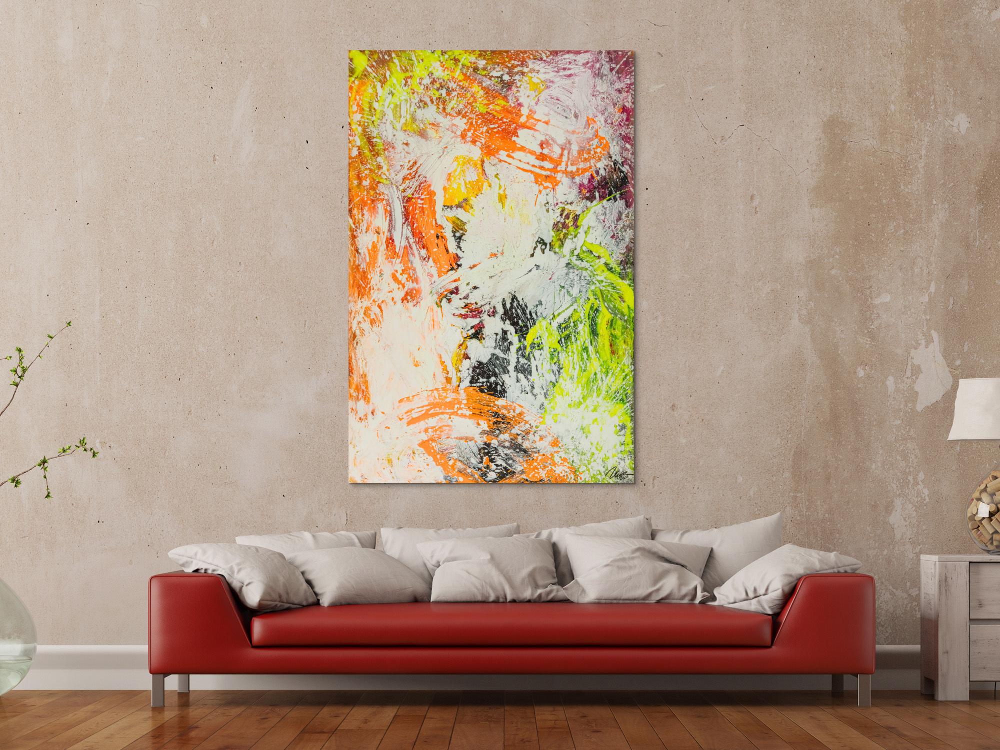 Original Gemälde abstrakt 150x100cm Action Painting Modern Art handgefertigt NEON grün gelb orange weiß hochwertig
