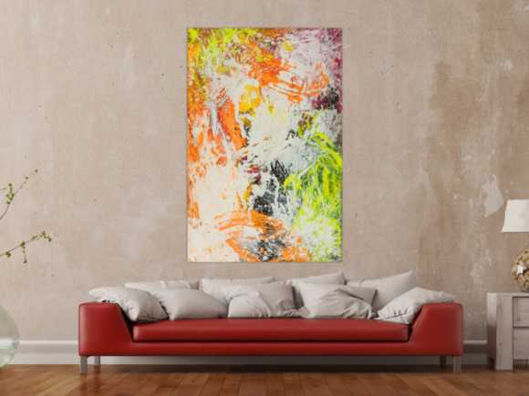 Original Gemälde abstrakt 150x100cm Action Painting Modern Art handgefertigt NEON grün gelb orange weiß hochwertig