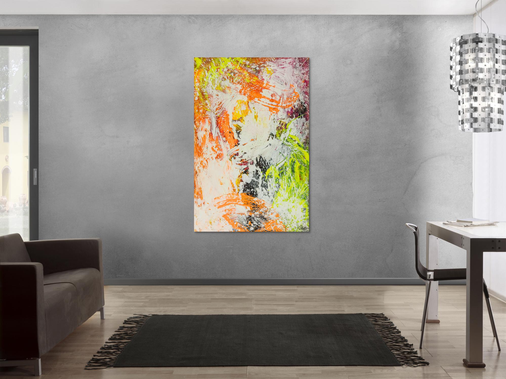 Original Gemälde abstrakt 150x100cm Action Painting Modern Art handgefertigt NEON grün gelb orange weiß hochwertig
