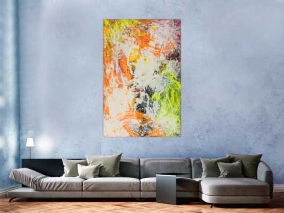 Original Gemälde abstrakt 150x100cm Action Painting Modern Art handgefertigt NEON grün gelb orange weiß hochwertig