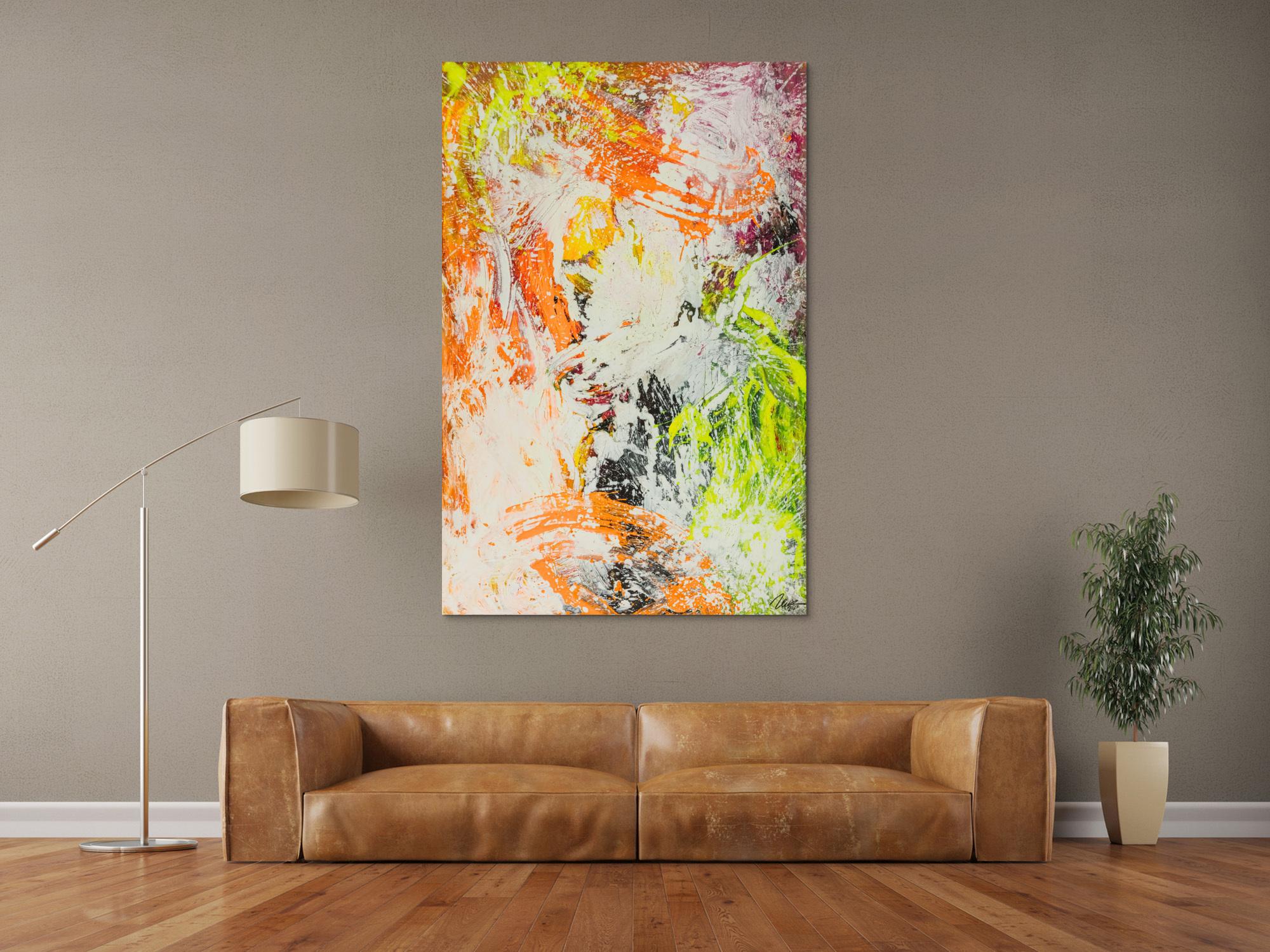 Original Gemälde abstrakt 150x100cm Action Painting Modern Art handgefertigt NEON grün gelb orange weiß hochwertig