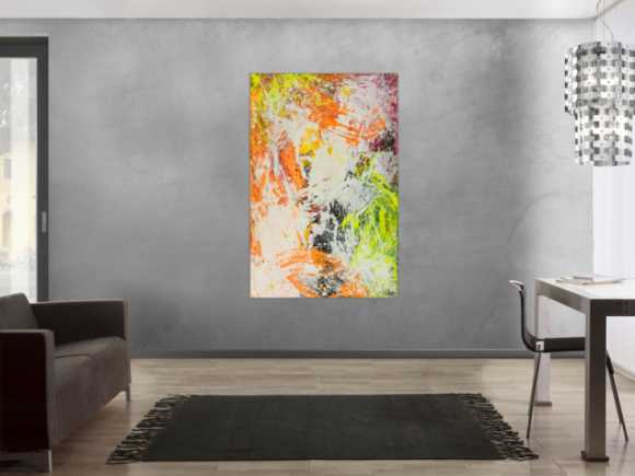 Original Gemälde abstrakt 150x100cm Action Painting Modern Art handgefertigt NEON grün gelb orange weiß hochwertig