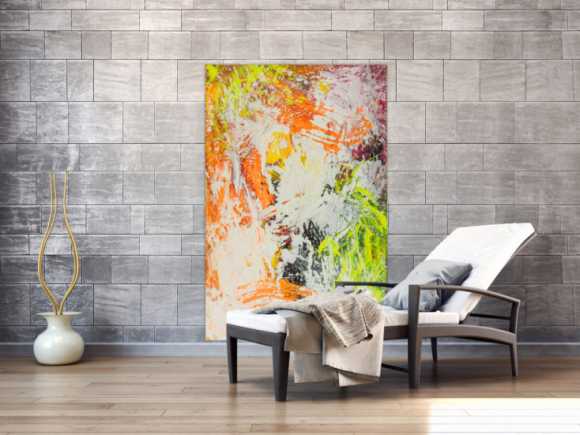 Original Gemälde abstrakt 150x100cm Action Painting Modern Art handgefertigt NEON grün gelb orange weiß hochwertig