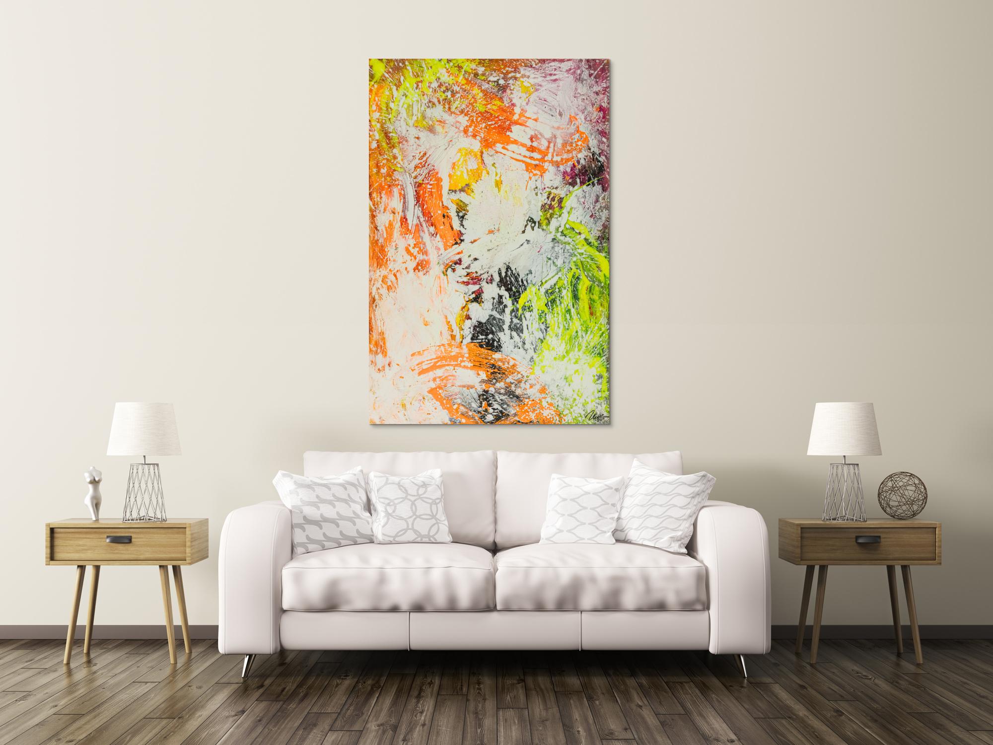 Original Gemälde abstrakt 150x100cm Action Painting Modern Art handgefertigt NEON grün gelb orange weiß hochwertig